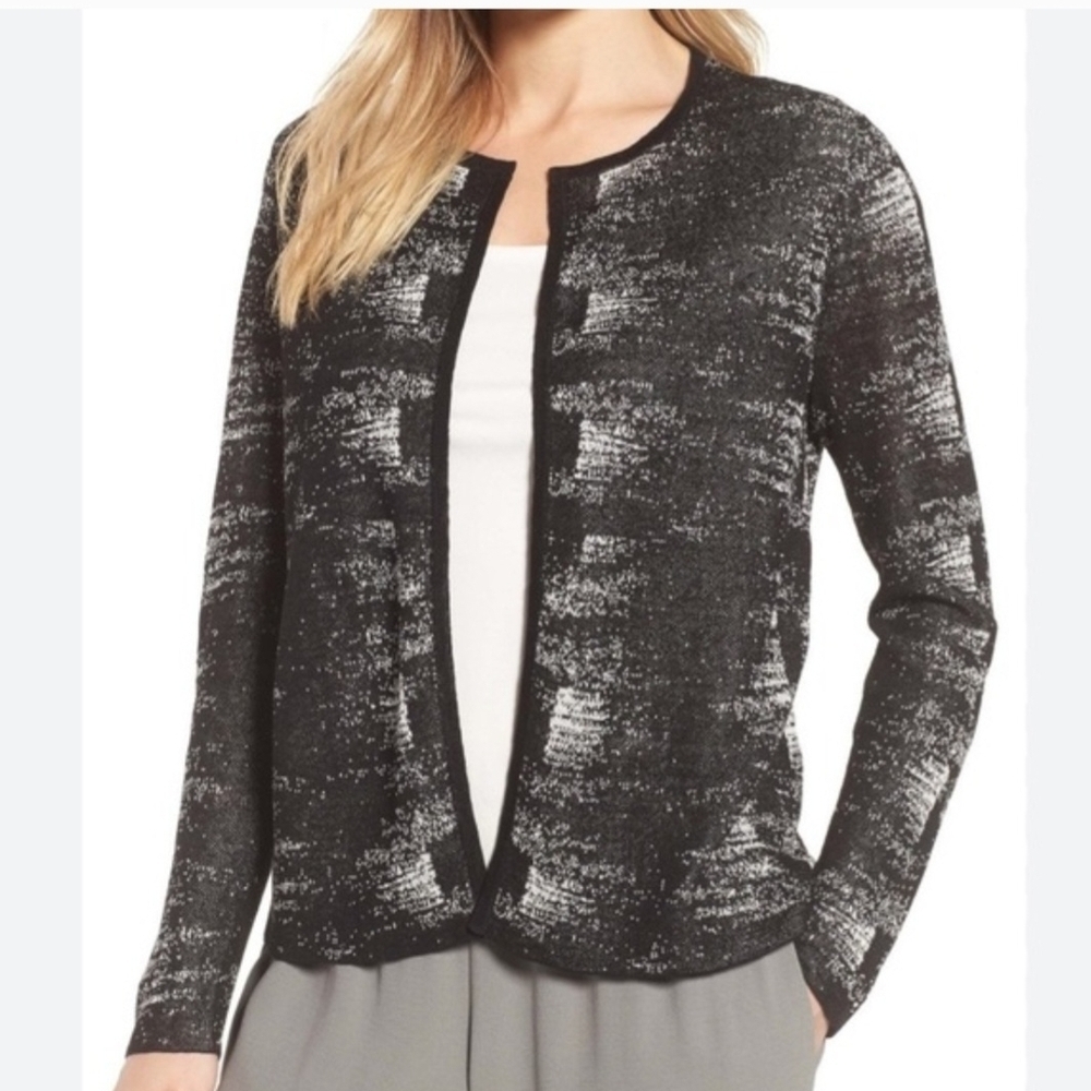 Eileen Fisher Organic Linen Blend Crepe Knit Round Neck Open Cardigan. Sz S